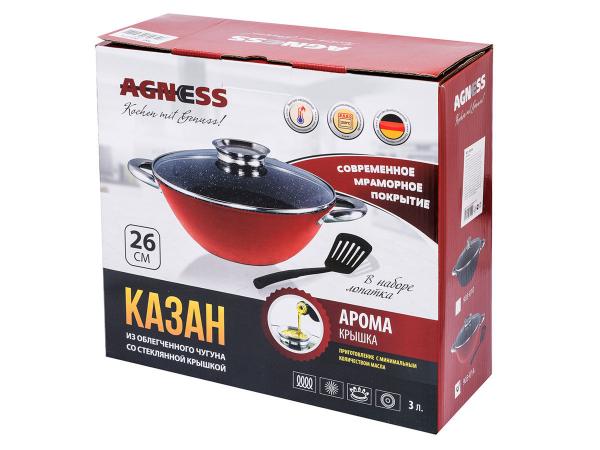 КАЗАН ЧУГУННЫЙ AGNESS ДИАМ=26 СМ. 3 Л. СТЕКЛ.АРОМА КРЫШКА+ЛОПАТКА, АНТИП. ПОКР, ИНД. ДНО
