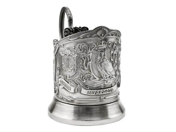 Набор для чая "Мудрый руководитель" никелированный с чернью с открытко и значком "Настоящий мужчина"