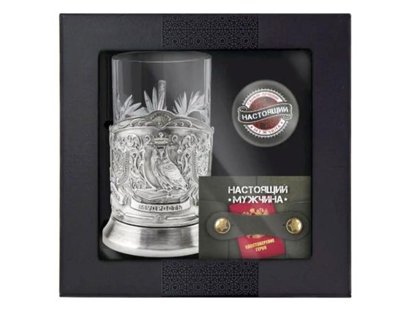 Набор для чая "Мудрый руководитель" никелированный с чернью с открытко и значком "Настоящий мужчина"