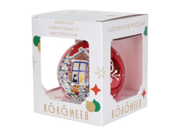 Ёлочное украшение Шар "Кошка в окошке", 80 мм., стекло, Коломеев, Россия