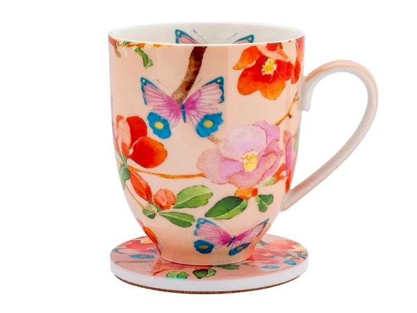 Кружка 400 мл с подставкой "Камелии на розовом"