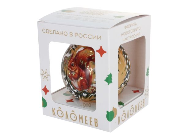 Елочное украшение Шар "Белочка с орешком" 65 мм, стекло, Коломеев, Россия