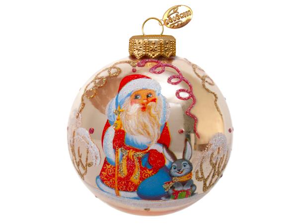 Елочное украшение Шар "Дед Мороз и Снегурочка" 80 мм, стекло, Коломеев, Россия